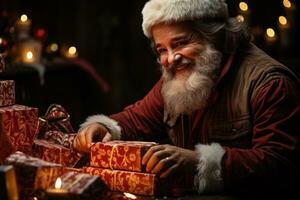AI generated Close up of man santa claus placing gifts under the christmas tree surrounded by twinkling lights and ornaments, xmas images photo