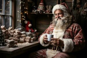 ai generado Papa Noel claus toma un bien merecido descanso deleitando en caliente cacao por un rústico invierno cabina, Navidad imagen foto