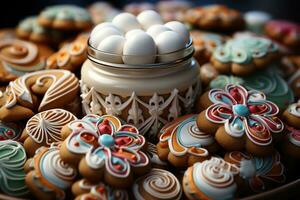 AI generated Christmas cookies arranged in a swirl pattern with a gingerbread house cookie as the focal point, christmas background photo