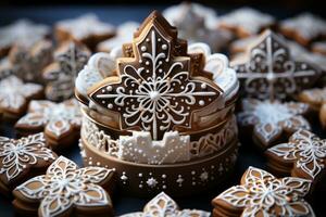 AI generated Christmas cookies arranged in a whimsical snowflake pattern with a central gingerbread house cookie, christmas background photo