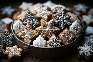 AI generated Close up shot of christmas cookies arranged in a snowflake pattern highlighted by a central gingerbread house cookie, christmas picture photo