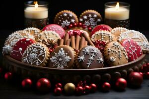 AI generated Christmas cookies arranged in a festive wreath shape with a central gingerbread house cookie, xmas images photo