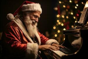 ai generado Papa Noel claus crea un mágico atmósfera jugando el piano en un festivamente adornado vivo habitación, alegre Navidad imágenes foto