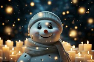 AI generated Snowman holding a candle amidst softly glowing winter lanterns and falling snowflakes, merry christmas images photo