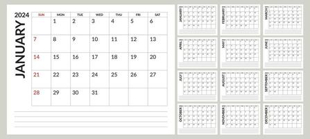 2024 Calendar sunday start with notes vector