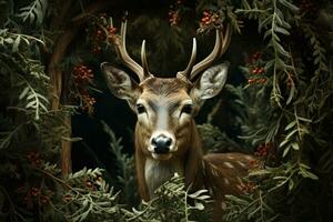 AI generated Majestic reindeer adorned by a festive pine archway, christmas background photo