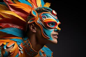 AI generated Energy in motion sleek masked runner capturing speed at carnival, colorful carnival images photo