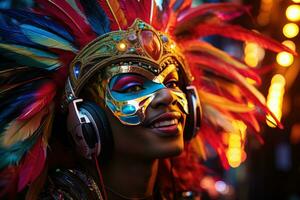 AI generated Man adorned in led lit carnival mask vibrant halo, festive carnival photos