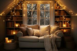 AI generated Inviting glow string lights transforming into cozy comfort, xmas images photo