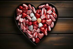 ai generado caramelo bastones formando un corazón en rústico madera, Navidad imagen foto