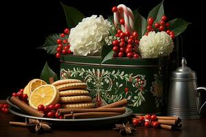 AI generated Candy canes in vintage inspired tin with nostalgic illustrations, christmas background photo