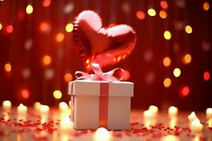 contento San Valentín día concepto con rojo regalo caja y corazón conformado globos romántico bandera amor concepto por ai generado foto