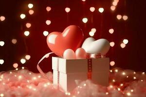 Happy valentine's day concept with red gift box and heart  shaped balloons romantic banner love concept by AI Generated photo