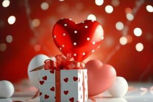 contento San Valentín día concepto con rojo regalo caja y corazón conformado globos romántico bandera amor concepto por ai generado foto