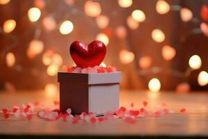 Happy valentine's day concept with red gift box and heart  shaped balloons romantic banner love concept by AI Generated photo