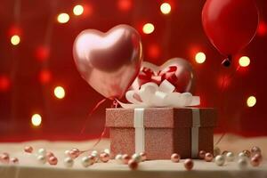 Happy valentine's day concept with red gift box and heart  shaped balloons romantic banner love concept by AI Generated photo