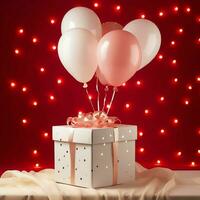 contento San Valentín día concepto con rojo regalo caja y corazón conformado globos romántico bandera amor concepto por ai generado foto