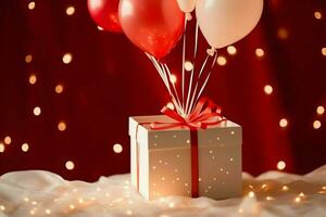 Happy valentine's day concept with red gift box and heart  shaped balloons romantic banner love concept by AI Generated photo