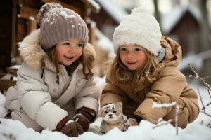 AI generated Adorable kids playing in snowy backyard building snowmen in winter gear, hygge concept photo