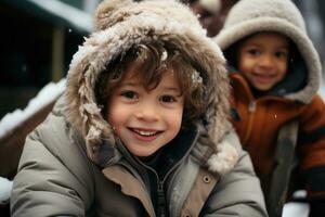 AI generated Boys in cozy winter gear explore a snow covered playground, hygge concept photo
