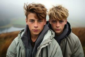 AI generated boys in cozy jackets savoring a serene lakeside retreat on a misty morning, hygge concept photo