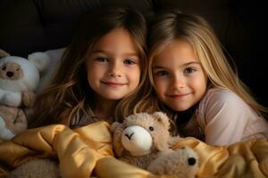 AI generated Girls snuggling under warm duvet with a plush stuffed animal, hygge concept photo