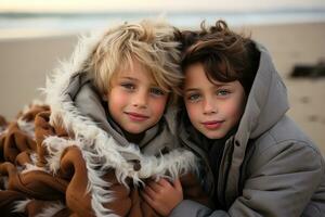 ai generado Niños en calentar capas coleccionar conchas marinas en un invierno playa día, higge concepto foto