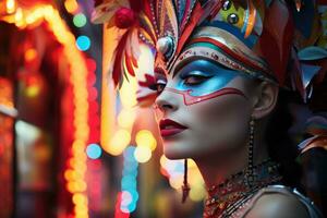 AI generated Masked woman amidst neon carnival street scene, carnival festival pictures photo