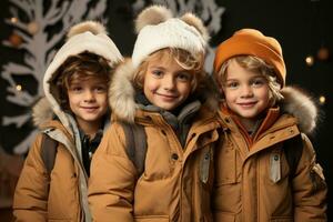 AI generated Boys embrace the cold in a fashionable photo shoot, hygge concept