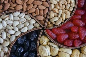 Set of nuts and dried fruits close up. Food background. photo