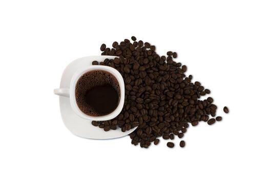 A cup of coffee and a handful of roasted coffee beans isolated on a white background.A cup of coffee and a handful of roasted coffee beans isolated on a white background. photo