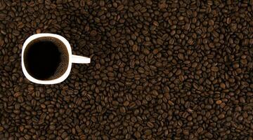 A white cup with Americano on roasted coffee beans. View from above. Coffee background. photo
