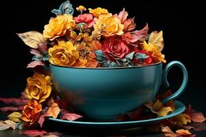 AI generated A teacup filled with vibrant autumn leaves capturing the essence of seasonal transition, hygge concept photo