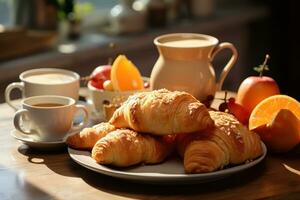 AI generated A delectable breakfast spread with warm pastries fresh fruit and steaming coffee in soft morning light, hygge concept photo