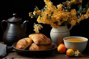 AI generated A cozy rustic breakfast scene with warm pastries hot tea and fresh flowers, hygge concept photo