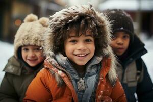 ai generado Niños en invierno atuendo jugando alegremente en un Nevado patio de juegos, higge concepto foto