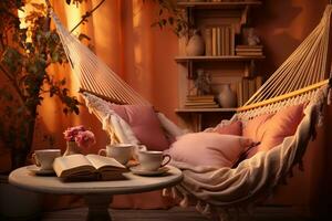 AI generated Relaxing hammock scene with book and tea, hygge concept photo