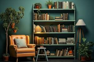 AI generated A perfectly arranged bookshelf with cozy reading nooks and reading lamps, hygge concept photo