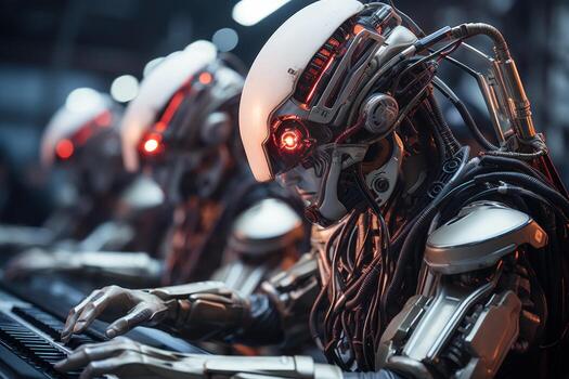 ai generado armonioso fusión humanoide robots y músicos en futurista concierto, futurismo imagen foto