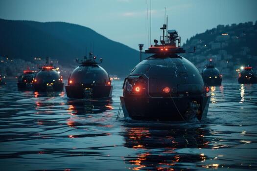 AI generated Ocean cleanup fleet autonomous ships plastic pollution, futurism image photo