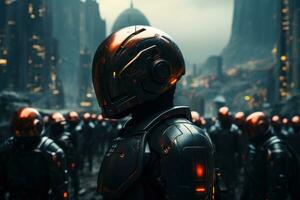 Future security robotic police safeguarding a high tech metropolis, futurism image photo