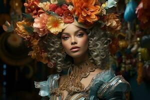 ai generado disfraces adornado en un floral paraíso, vistoso carnaval imágenes foto