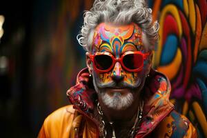 AI generated Graffiti clash urban carnival masked man amid vibrant colors, colorful carnival images photo