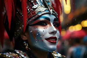 AI generated Elegance in reflection rain soaked masks at the carnival, carnival festival pictures photo