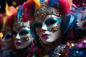 AI generated Magical carnival masks amidst a sea of iridescent bubbles, festive carnival photos