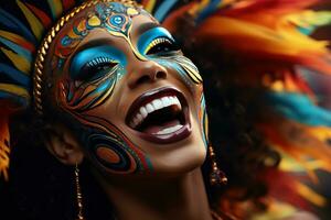 AI generated Carnival spirit woman engaged in samba dance, festive carnival photos