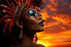 AI generated Elegance woman silhouetted carnival mask aglow in sunset, festive carnival photos