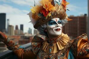 ai generado carnaval enmascarado hombre celebrando terminado ciudad horizonte, vistoso carnaval imágenes foto