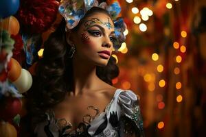 AI generated Alley elegance woman in carnival mask amidst colorful glow, festive carnival photos