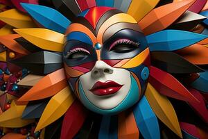 AI generated Mosaic masks create giant carnival face, festive carnival photos